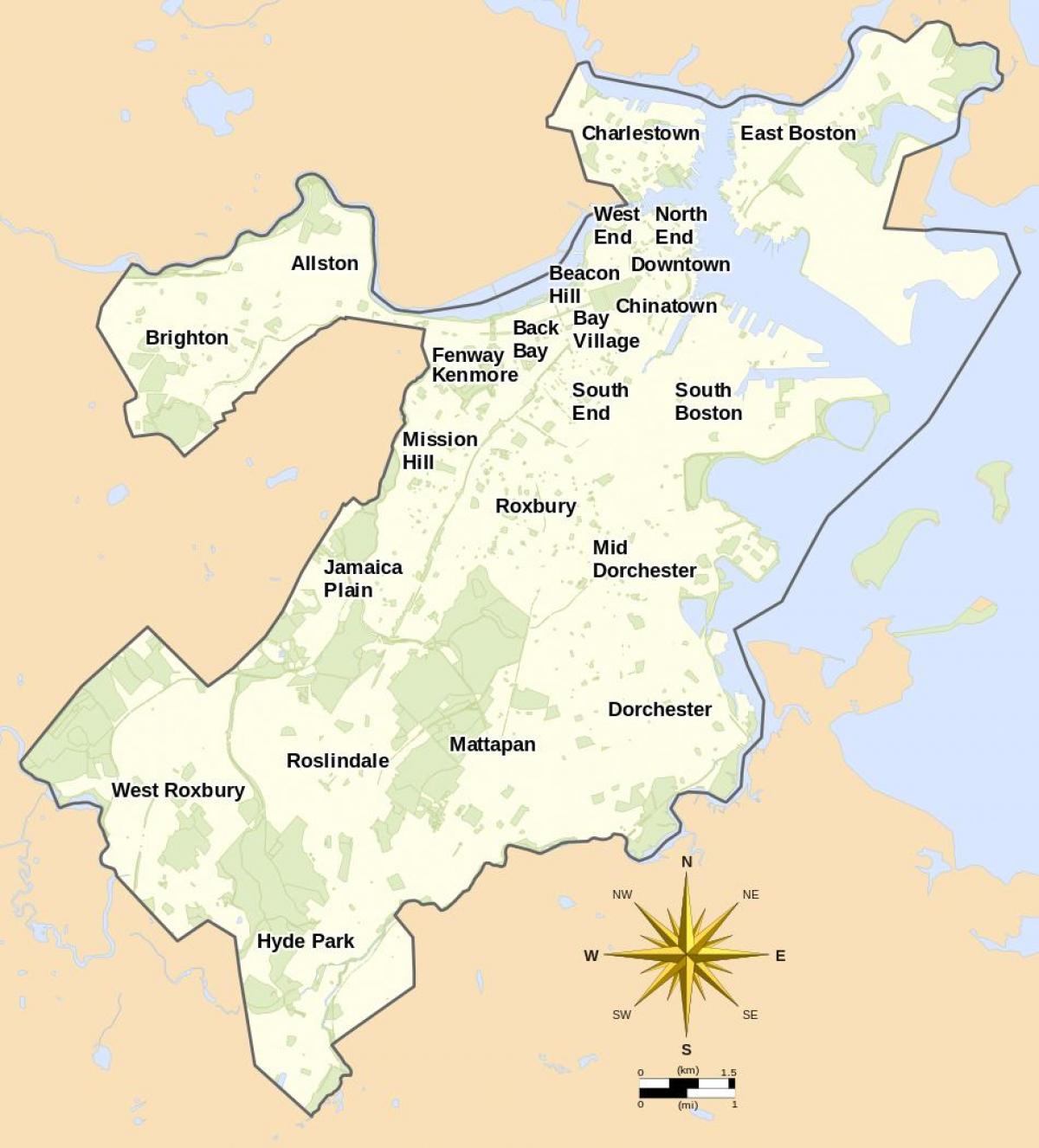 kaart van Boston en omgeving