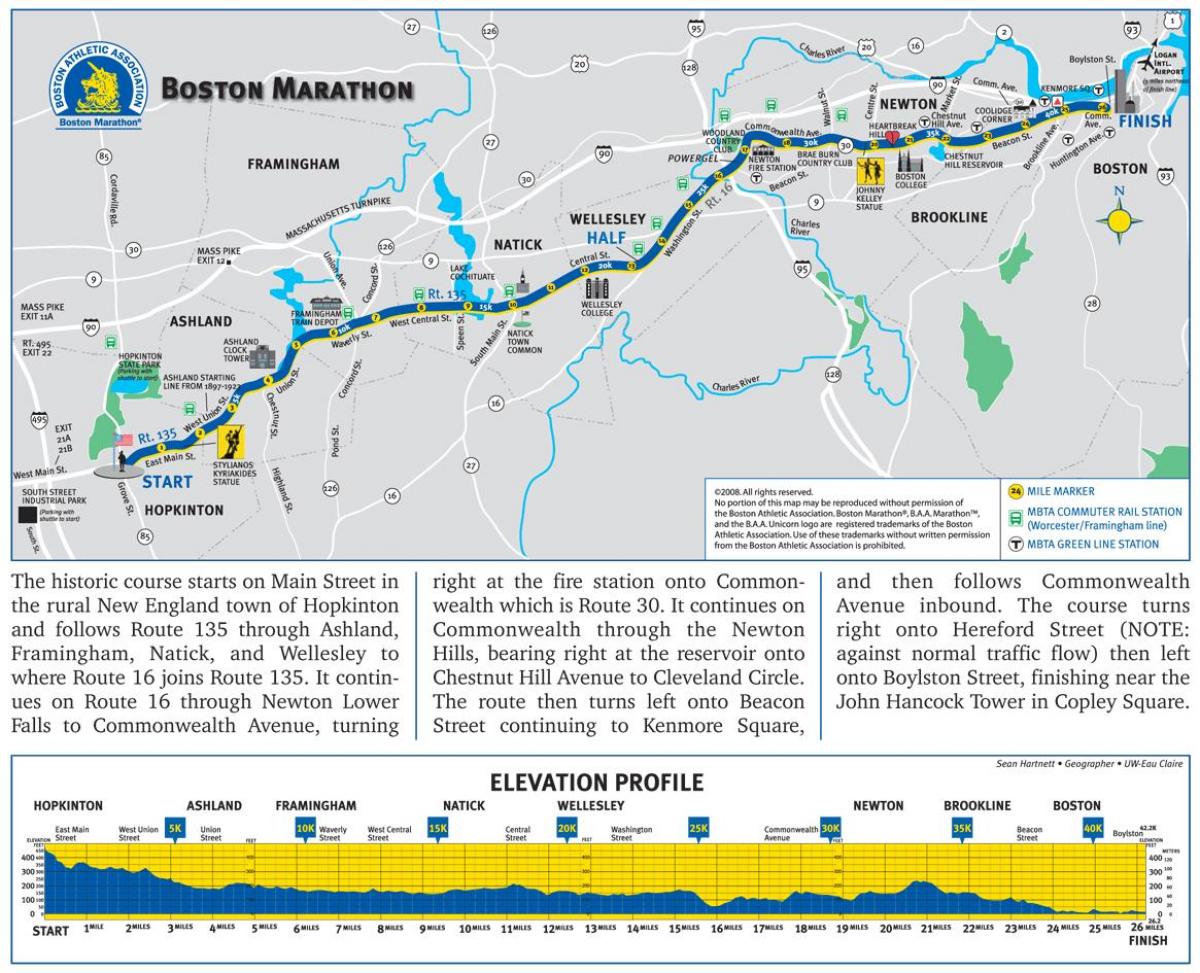 Marathon van Boston hoogte kaart