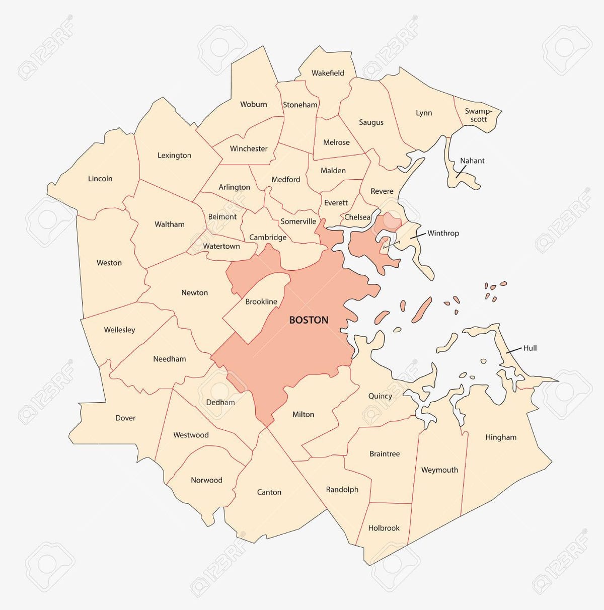 kaart omgeving van Boston